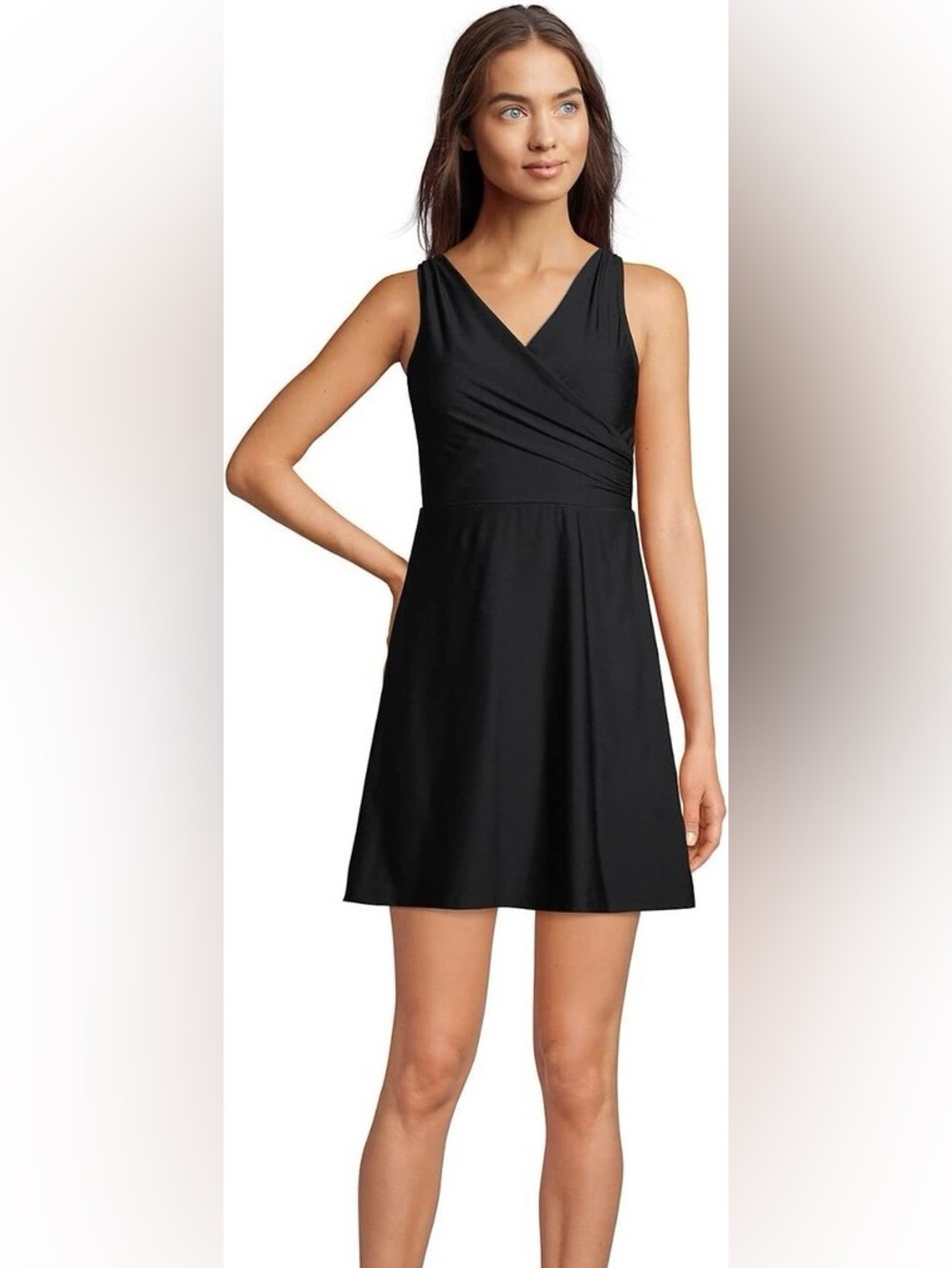 NWT Lands' End Black Tummy Control faux wrap Swim dress. One piece swims size 12